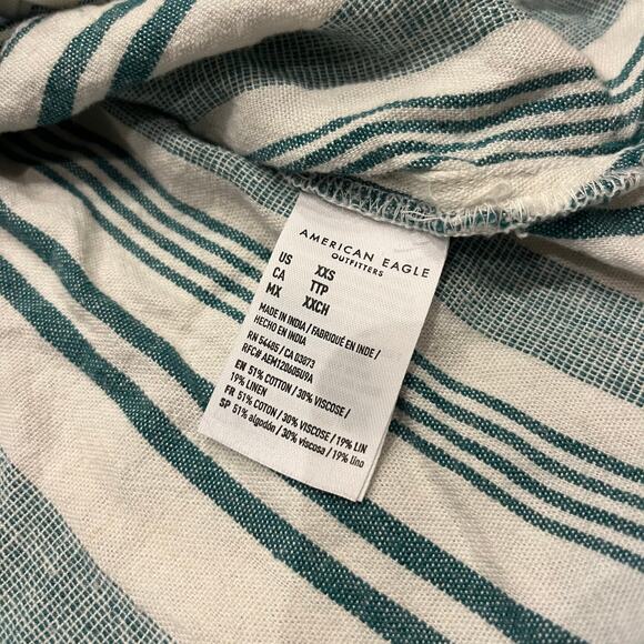 American Eagle Striped Button Front Tie Short Sleeve Shirt Sz XXS Green White - Picture 4 of 8
